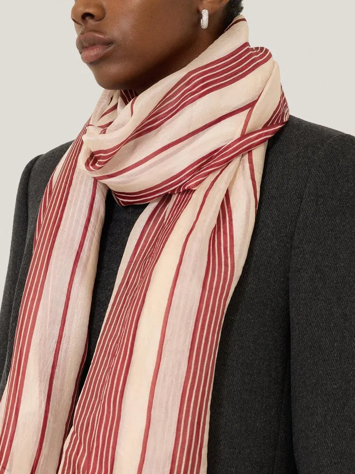 Women Cassis Stripe Silk Scarf Red Jigsaw Ponchos and Scarves