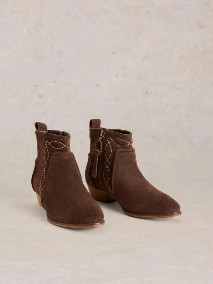 Women Cedar Embroidered Ankle Boot Dark Brown White Stuff Boots