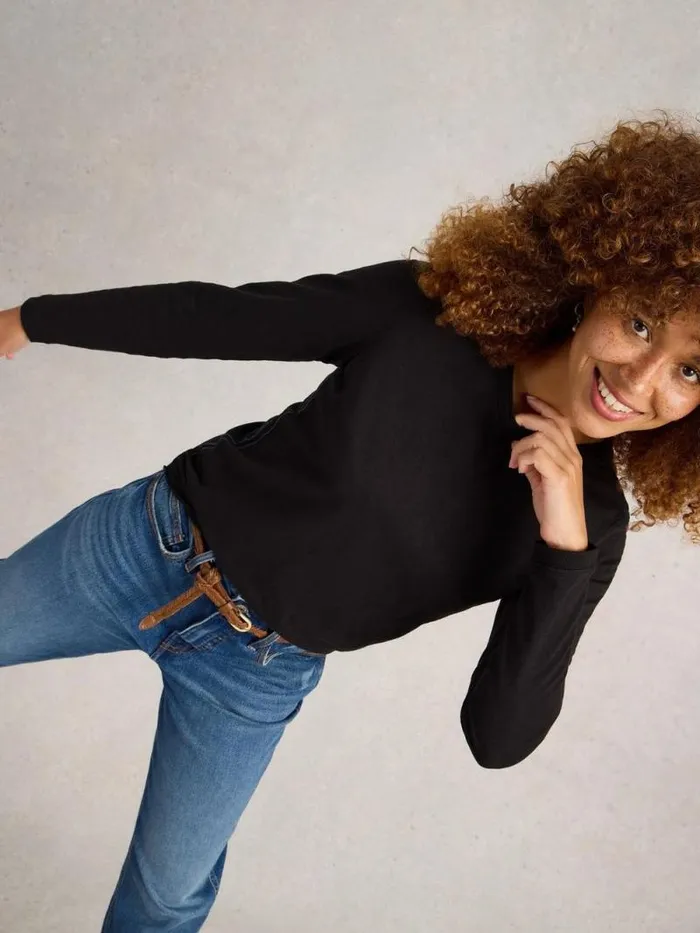 Women CLARA CREW NECK TEE Pure Black White Stuff Shirts and Blouses