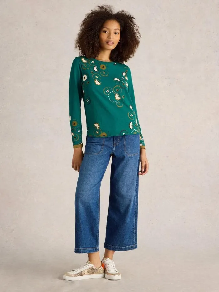 Women CLARA CREW NECK TEE Teal Print White Stuff Tops and Tees