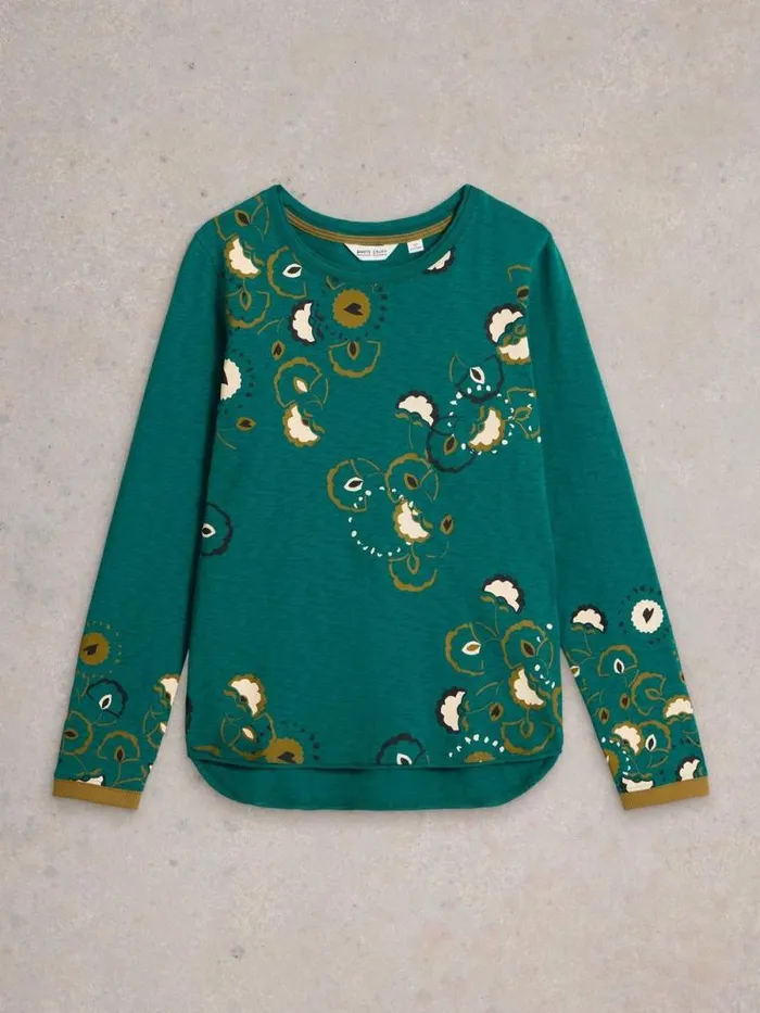 Women CLARA CREW NECK TEE Teal Print White Stuff Tops and Tees
