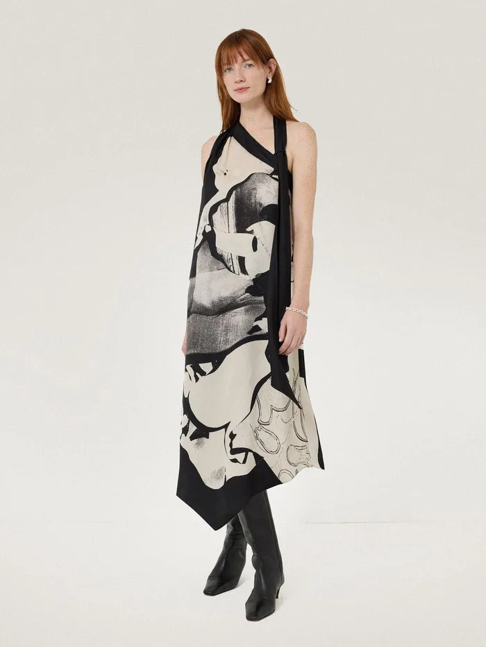 Women Collage Print Scarf Dress Monochrome Jigsaw Party