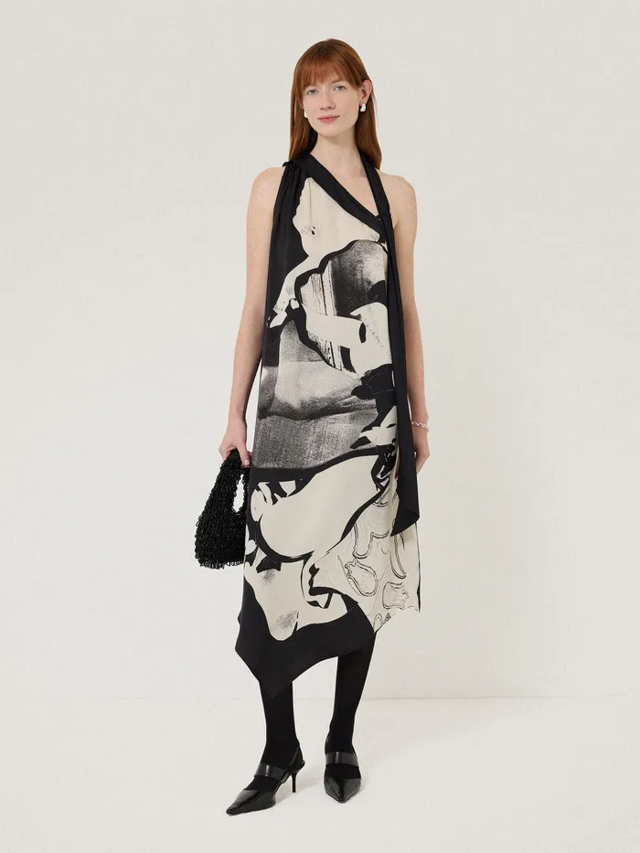 Women Collage Print Scarf Dress Monochrome Jigsaw Party
