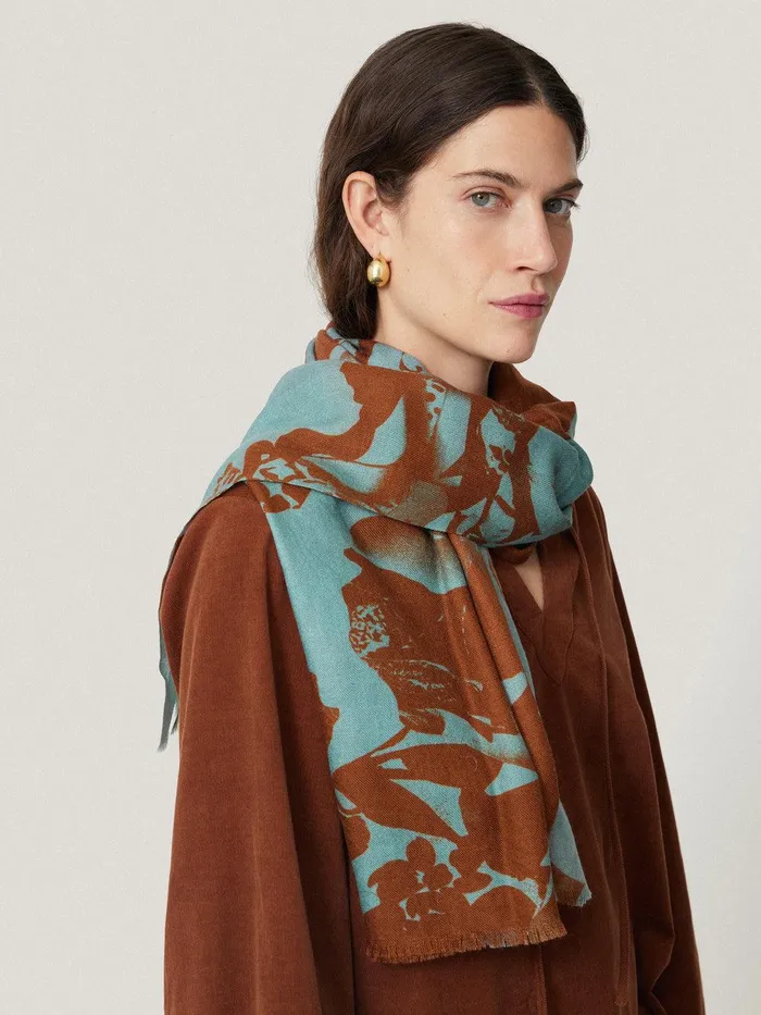 Women Collage Wool Silk Scarf Blue Jigsaw Ponchos and Scarves