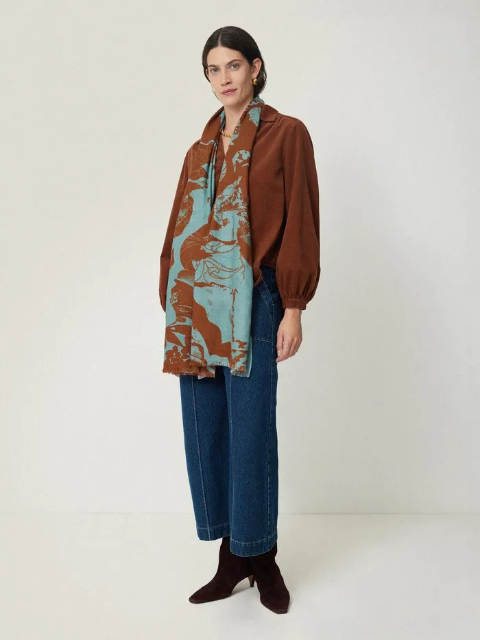 Women Collage Wool Silk Scarf Blue Jigsaw Ponchos and Scarves