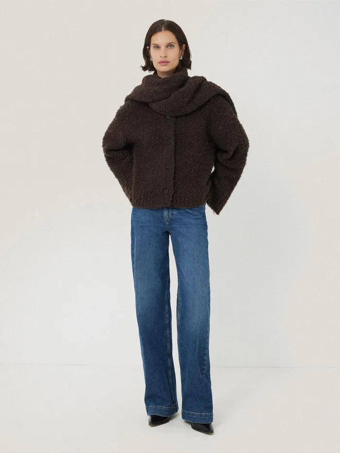 Women Cosy Boucle Scarf Cardi Brown Jigsaw Coords