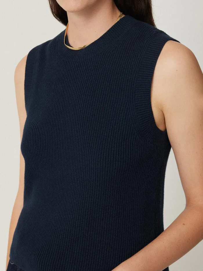 Women Cotton Blend Crew Tank Navy Jigsaw Knitwear and Cashmere