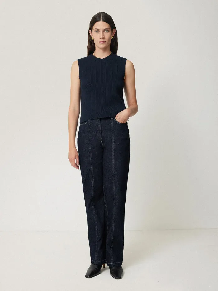 Women Cotton Blend Crew Tank Navy Jigsaw Knitwear and Cashmere
