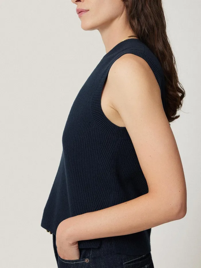 Women Cotton Blend Crew Tank Navy Jigsaw Knitwear and Cashmere
