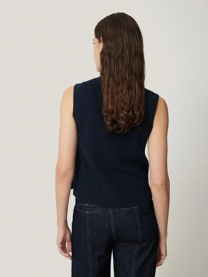 Women Cotton Blend Crew Tank Navy Jigsaw Knitwear and Cashmere