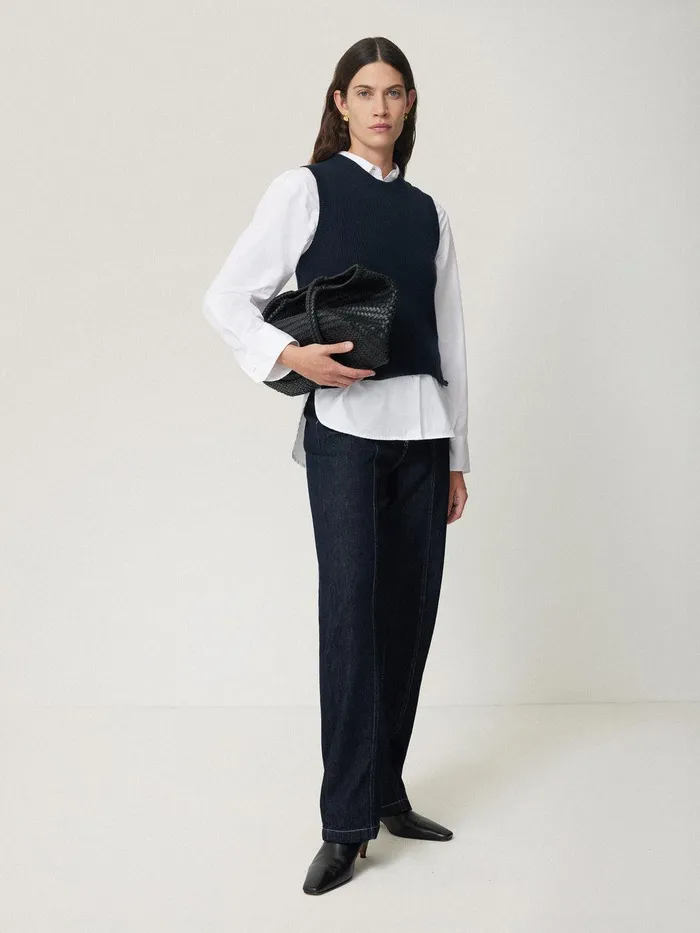 Women Cotton Blend Crew Tank Navy Jigsaw Knitwear and Cashmere