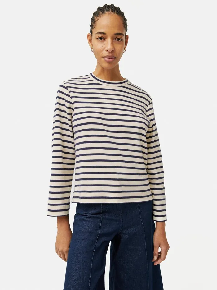 Women Cotton Stripe Sweatshirt Navy Jigsaw Shirts and Tops