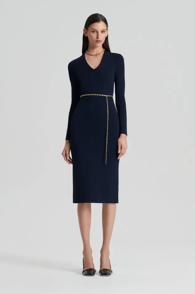 Women CREPE KNIT LONG SLEEVE V NECK DRESS NAVY Dresses Scanlan Theodore