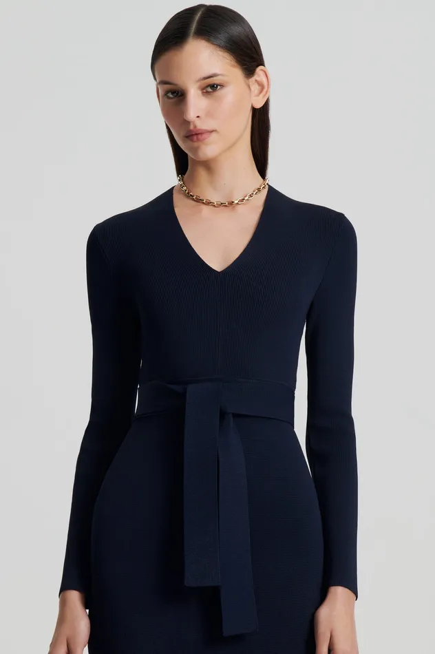 Women CREPE KNIT LONG SLEEVE V NECK DRESS NAVY Dresses Scanlan Theodore Women CREPE KNIT LONG SLEEVE V NECK DRESS NAVY Dresses Scanlan Theodore