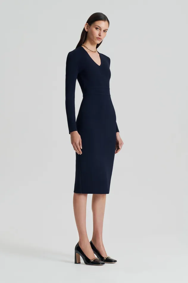 Women CREPE KNIT LONG SLEEVE V NECK DRESS NAVY Dresses Scanlan Theodore Women CREPE KNIT LONG SLEEVE V NECK DRESS NAVY Dresses Scanlan Theodore