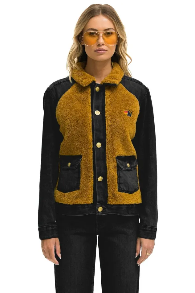 Women Denim Aviator Nation ASPEN SHERPA UNISEX DENIM JACKET 8211 BLACK HONEY