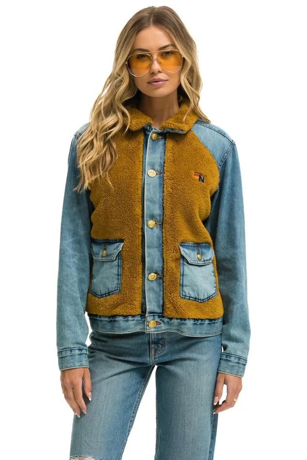 Women Denim Aviator Nation ASPEN SHERPA UNISEX DENIM JACKET 8211 MEDIUM VINTAGE