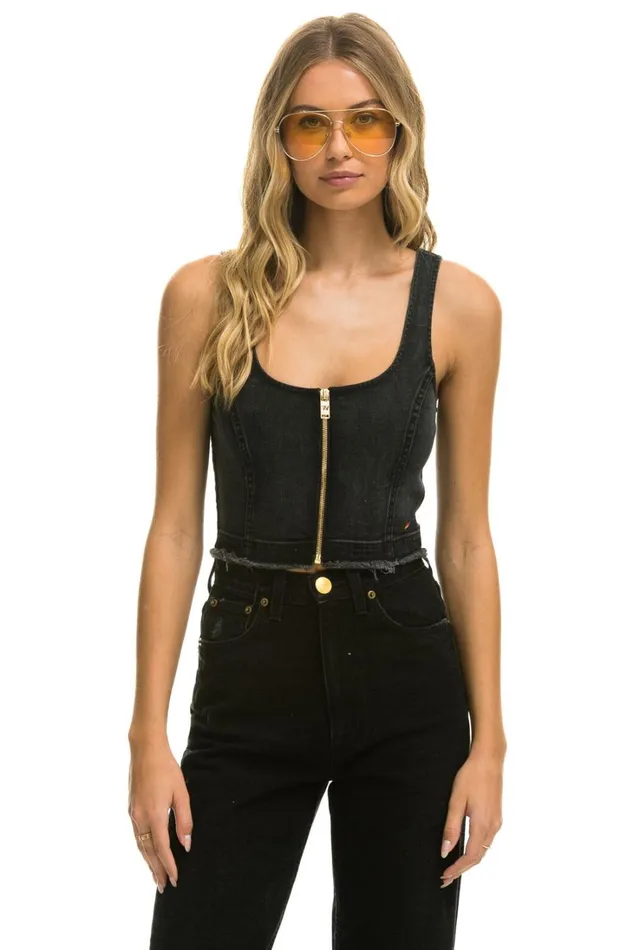 Women Denim Aviator Nation DENIM TOP ZIP FRONT BUSTIER 8211 VINTAGE BLACK