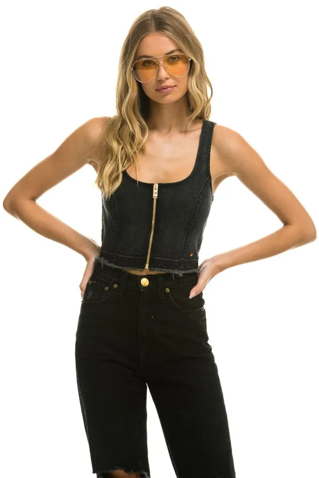 Women Denim Aviator Nation DENIM TOP ZIP FRONT BUSTIER 8211 VINTAGE BLACK Women Denim Aviator Nation DENIM TOP ZIP FRONT BUSTIER 8211 VINTAGE BLACK