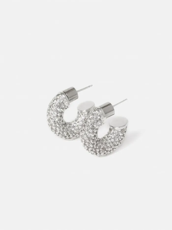 Women Diamante Hoop Earrings Silver Jigsaw Jewellery