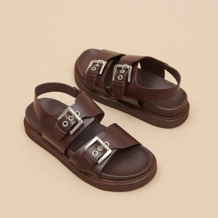 Women Double Buckle Sandals Dark Brown JONAK Sandals