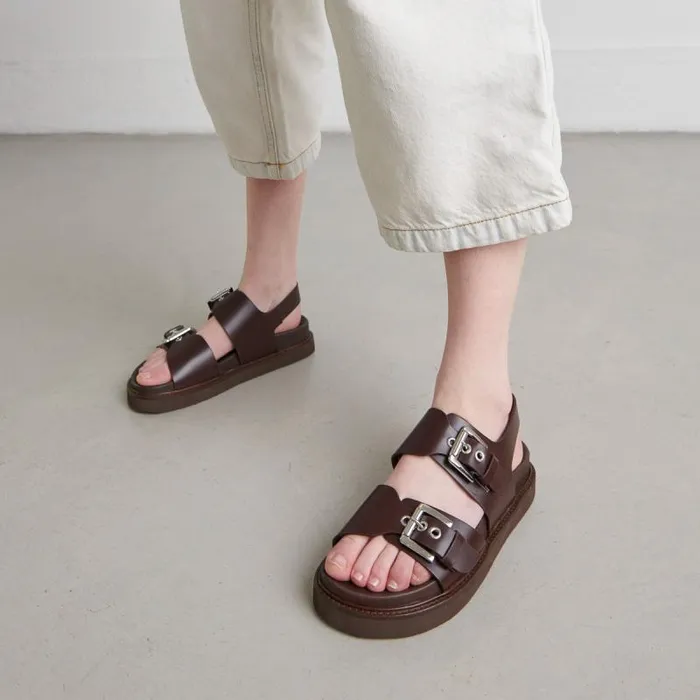 Women Double Buckle Sandals Dark Brown JONAK Sandals
