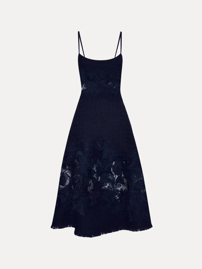 Women Dresses Oscar De La Renta Carnation Guipure Inset Tweed Dress Navy
