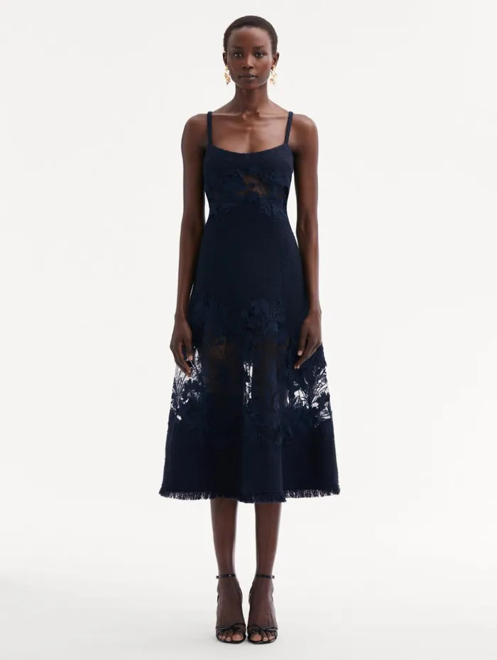 Women Dresses Oscar De La Renta Carnation Guipure Inset Tweed Dress Navy Women Dresses Oscar De La Renta Carnation Guipure Inset Tweed Dress Navy