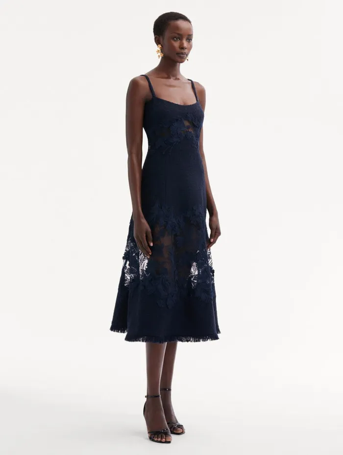 Women Dresses Oscar De La Renta Carnation Guipure Inset Tweed Dress Navy Women Dresses Oscar De La Renta Carnation Guipure Inset Tweed Dress Navy