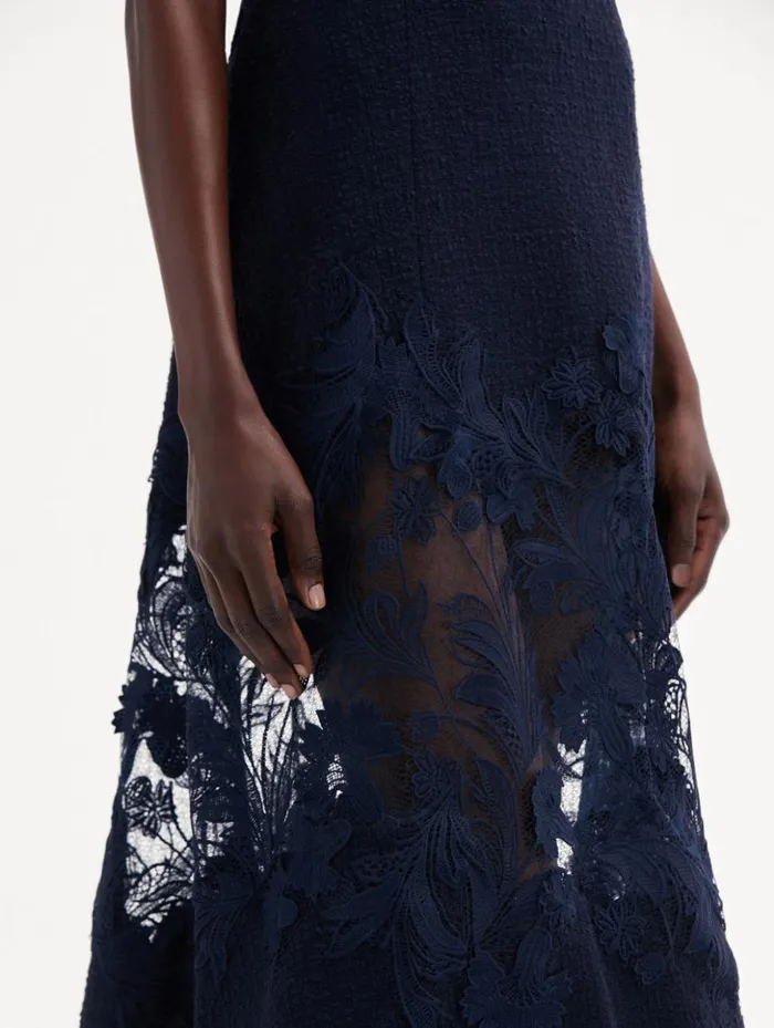 Women Dresses Oscar De La Renta Carnation Guipure Inset Tweed Dress Navy Women Dresses Oscar De La Renta Carnation Guipure Inset Tweed Dress Navy