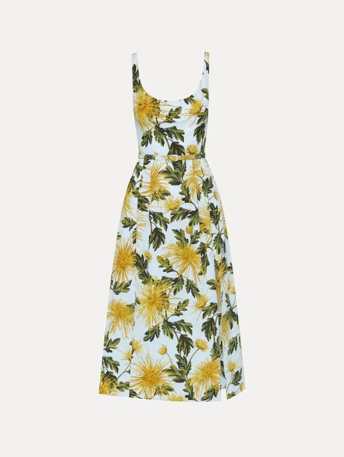 Women Dresses Oscar De La Renta Chrysanthemum Cotton Poplin Tank Dress Yellow Light Blue
