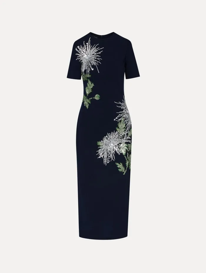 Women Dresses Oscar De La Renta Chrysanthemum Crystal Embroidered Pencil Dress Navy