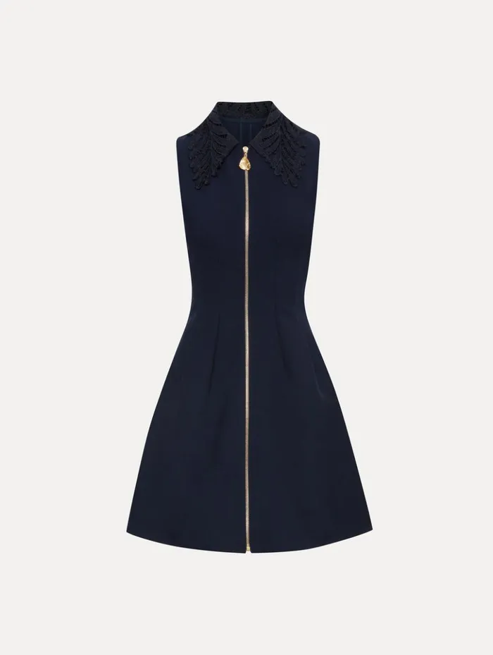 Women Dresses Oscar De La Renta Fern Collar ZipFront Dress Navy