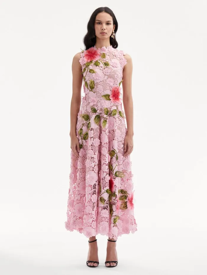Women Dresses Oscar De La Renta Hibiscus Embroidered Guipure Dress Soft Pink Women Dresses Oscar De La Renta Hibiscus Embroidered Guipure Dress Soft Pink
