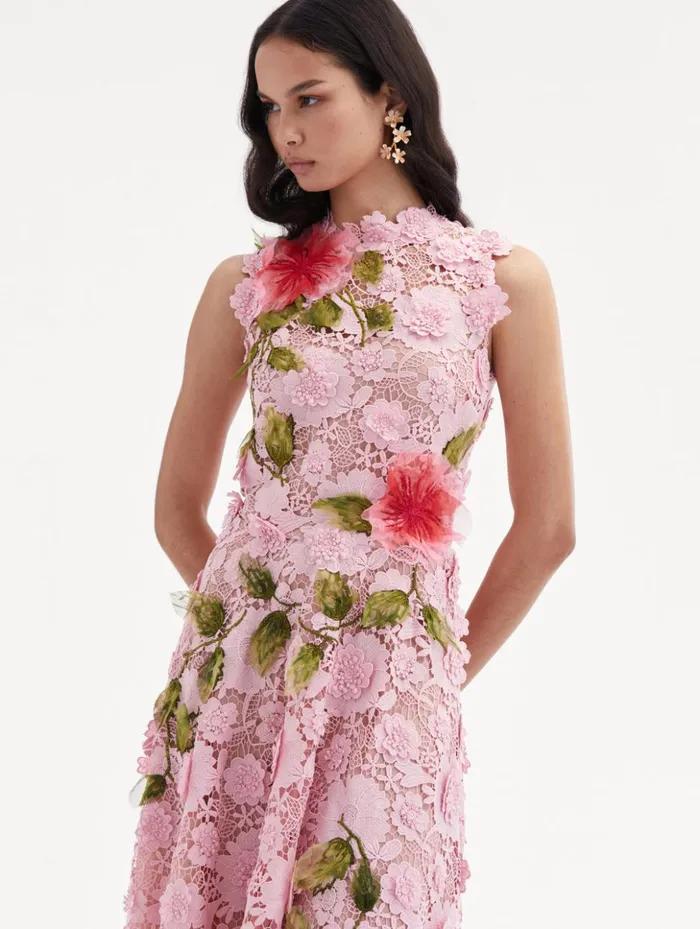 Women Dresses Oscar De La Renta Hibiscus Embroidered Guipure Dress Soft Pink Women Dresses Oscar De La Renta Hibiscus Embroidered Guipure Dress Soft Pink