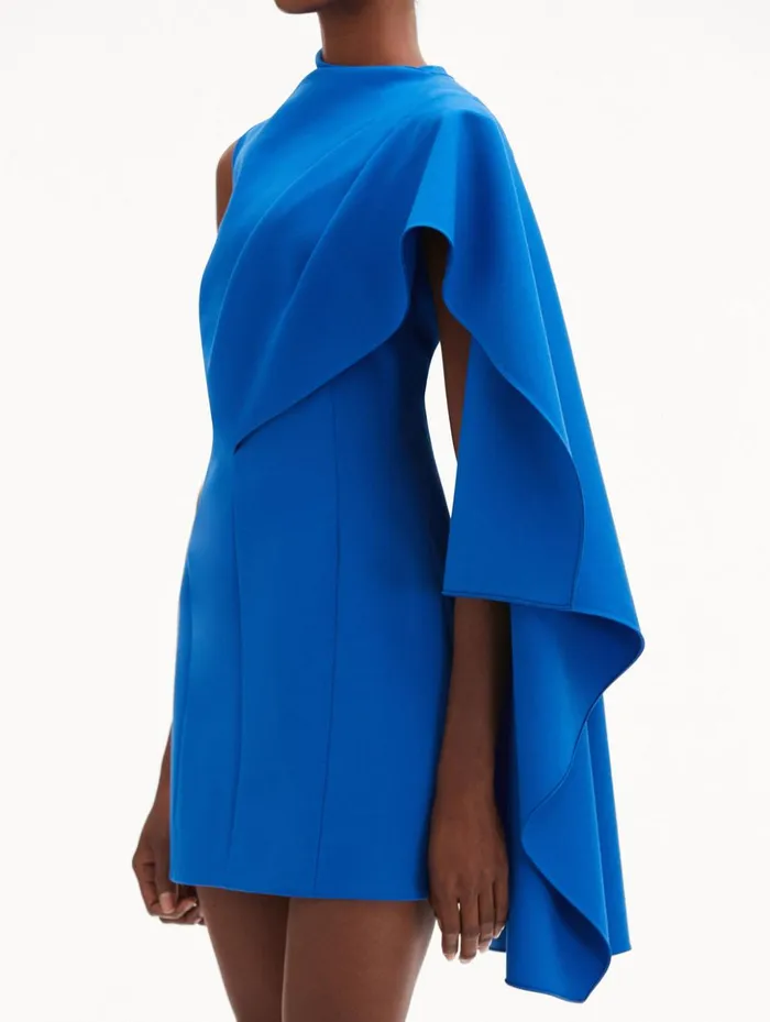 Women Dresses Oscar De La Renta One Shoulder Cape Dress Lapis Women Dresses Oscar De La Renta One Shoulder Cape Dress Lapis
