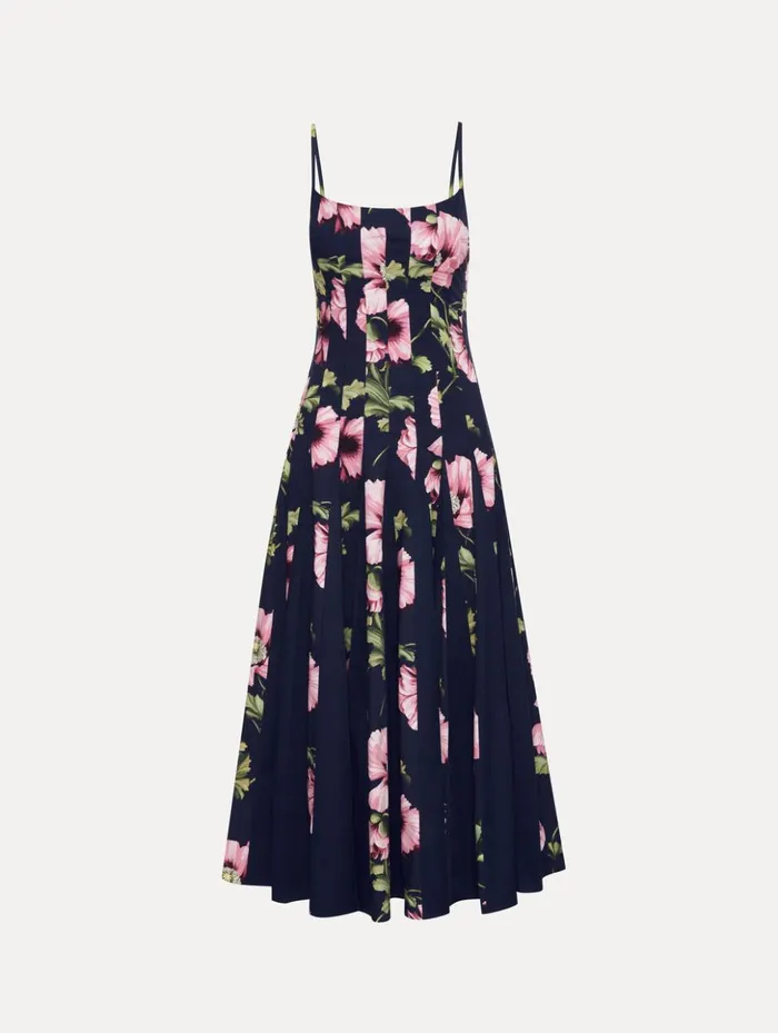 Women Dresses Oscar De La Renta Poppy Cotton Poplin Inset Dress Navy Pink