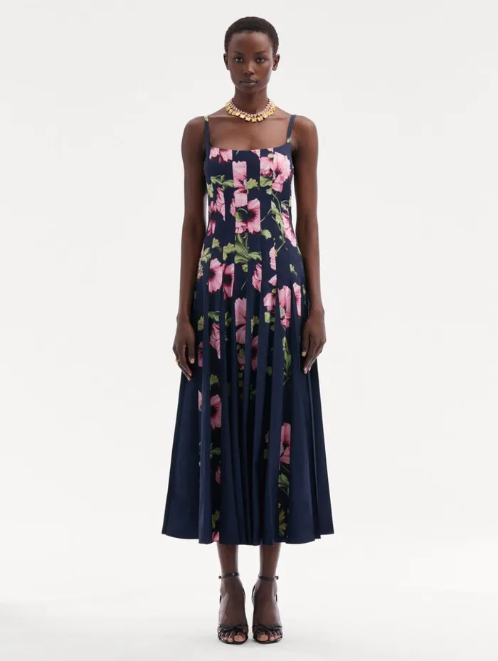 Women Dresses Oscar De La Renta Poppy Cotton Poplin Inset Dress Navy Pink Women Dresses Oscar De La Renta Poppy Cotton Poplin Inset Dress Navy Pink