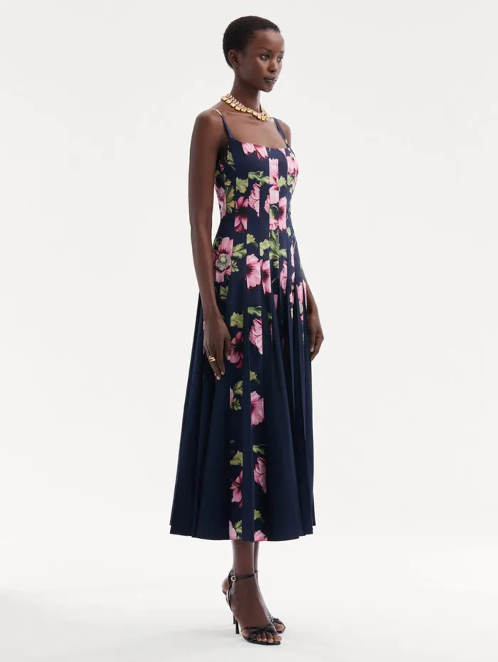 Women Dresses Oscar De La Renta Poppy Cotton Poplin Inset Dress Navy Pink Women Dresses Oscar De La Renta Poppy Cotton Poplin Inset Dress Navy Pink