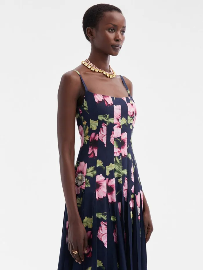 Women Dresses Oscar De La Renta Poppy Cotton Poplin Inset Dress Navy Pink Women Dresses Oscar De La Renta Poppy Cotton Poplin Inset Dress Navy Pink