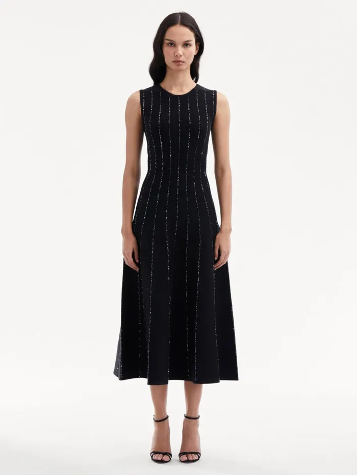 Women Dresses Oscar De La Renta Sequin Embroidered Knit Dress Black Women Dresses Oscar De La Renta Sequin Embroidered Knit Dress Black