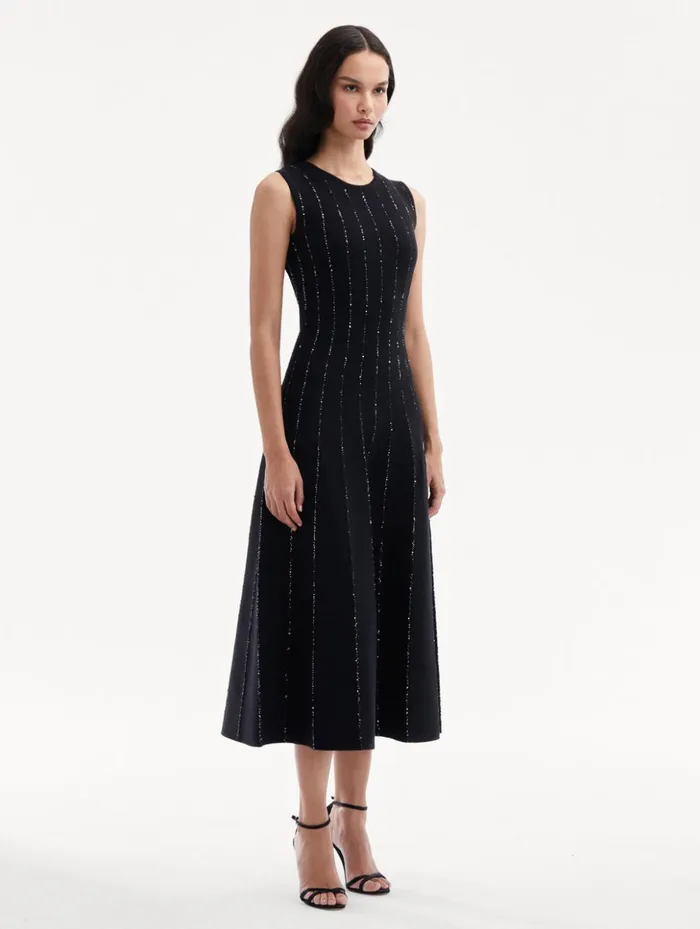 Women Dresses Oscar De La Renta Sequin Embroidered Knit Dress Black Women Dresses Oscar De La Renta Sequin Embroidered Knit Dress Black