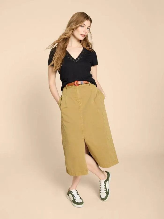 Women Ellie Linen Blend Lace Tee Pure Black White Stuff Tops and Tees