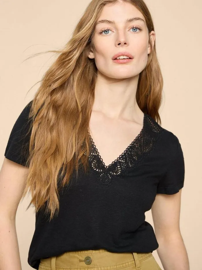 Women Ellie Linen Blend Lace Tee Pure Black White Stuff Tops and Tees Women Ellie Linen Blend Lace Tee Pure Black White Stuff Tops and Tees