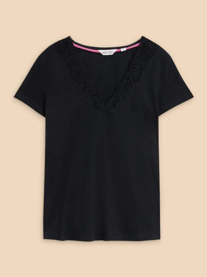 Women Ellie Linen Blend Lace Tee Pure Black White Stuff Tops and Tees Women Ellie Linen Blend Lace Tee Pure Black White Stuff Tops and Tees
