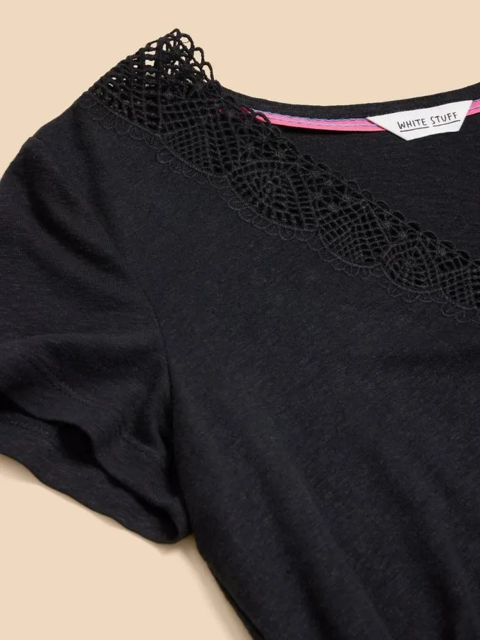 Women Ellie Linen Blend Lace Tee Pure Black White Stuff Tops and Tees Women Ellie Linen Blend Lace Tee Pure Black White Stuff Tops and Tees