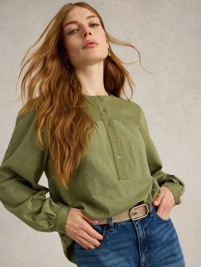 Women ELOISE MIX SHIRT Khaki Green White Stuff Shirts and Blouses