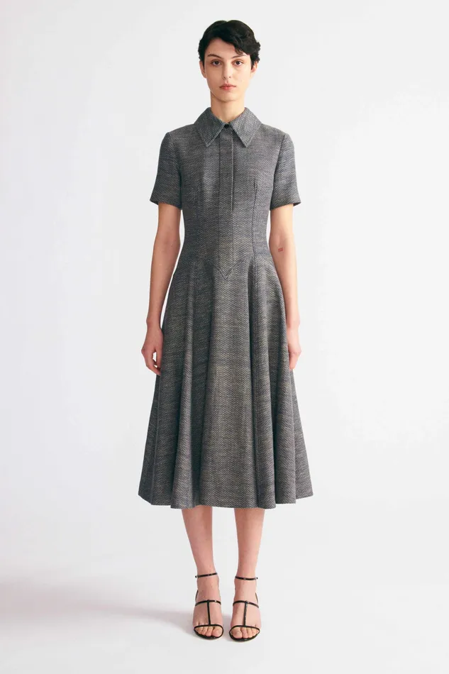 Women Emilia Wickstead Jody Dress In Navy and Ivory Chevron Weave Denim