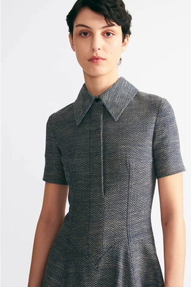 Women Emilia Wickstead Jody Dress In Navy and Ivory Chevron Weave Denim