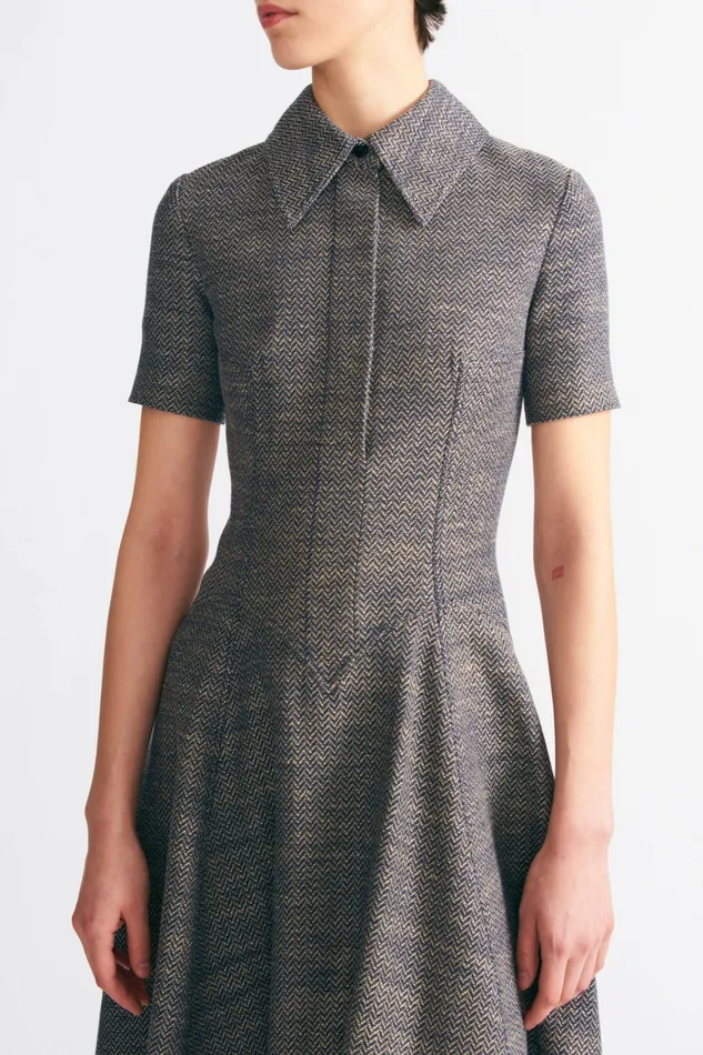 Women Emilia Wickstead Jody Dress In Navy and Ivory Chevron Weave Denim